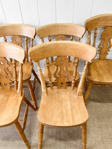 A Set of 6 Vintage English Pine Fiddleback Chairs