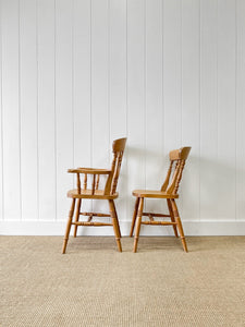 A Set of 6 Vintage English Pine Fiddleback Chairs
