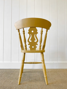 A Vintage Set of 4 Mustard Yellow Farmhouse Fiddleback Chairs