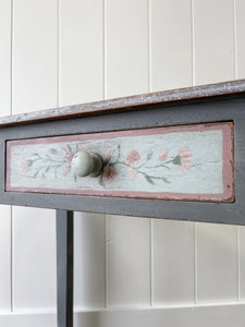 Antique English Country Pine Floral Console Table or Small Desk c1890