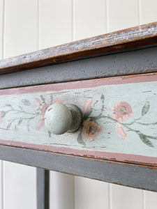 Antique English Country Pine Floral Console Table or Small Desk c1890