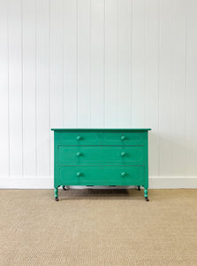An Antique English Emerald Green Chest of Drawers Dresser on Castors c1890