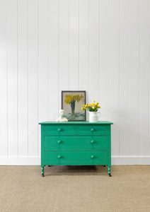 An Antique English Emerald Green Chest of Drawers Dresser on Castors c1890