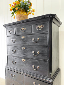 A Stately Antique English Ebonized Mahogany Highboy c1790