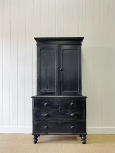 A Large 19th Century English Pine Ebonized Linen Press Cupboard