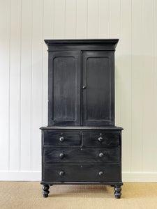 A Large 19th Century English Pine Ebonized Linen Press Cupboard