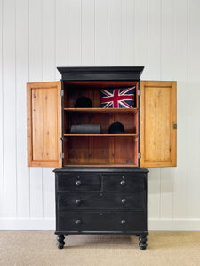 A Large 19th Century English Pine Ebonized Linen Press Cupboard
