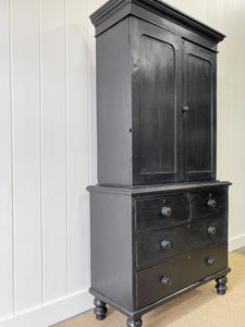 A Large 19th Century English Pine Ebonized Linen Press Cupboard