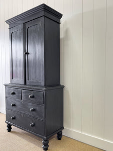 A Large 19th Century English Pine Ebonized Linen Press Cupboard