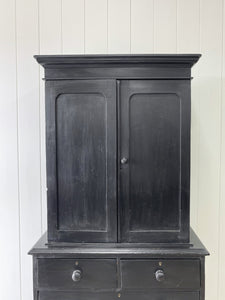A Large 19th Century English Pine Ebonized Linen Press Cupboard