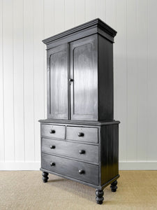 A Large 19th Century English Pine Ebonized Linen Press Cupboard