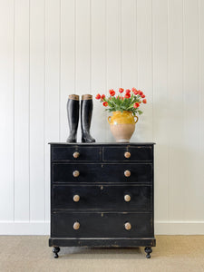 A Large English Ebonized Pine Black Chest of Drawers Dresser c1890