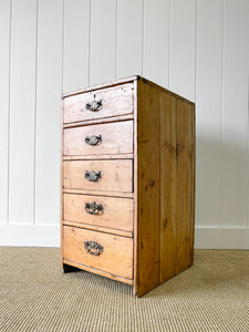 An Antique English Pine Narrow Chest of Drawers Dresser Nightstand with Brass Hardware