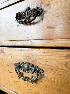 An Antique English Pine Narrow Chest of Drawers Dresser Nightstand with Brass Hardware