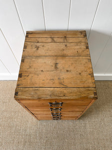 An Antique English Pine Narrow Chest of Drawers Dresser Nightstand with Brass Hardware