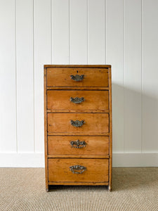 An Antique English Pine Narrow Chest of Drawers Dresser Nightstand with Brass Hardware