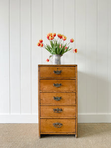 An Antique English Pine Narrow Chest of Drawers Dresser Nightstand with Brass Hardware