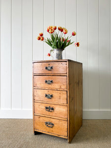 An Antique English Pine Narrow Chest of Drawers Dresser Nightstand with Brass Hardware
