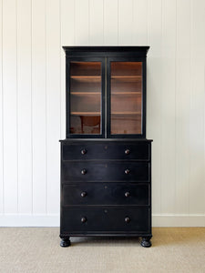 A Large 19th Century English Pine Ebonized Linen Press Cupboard