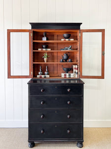 A Large 19th Century English Pine Ebonized Linen Press Cupboard