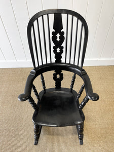 An Ebonized Antique English Yorkshire Windsor Elm Rocking Chair c1890