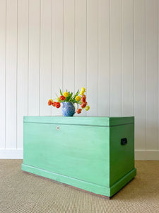 A Large Antique English Painted Green Pine Blanket Box c1850
