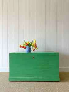 A Large Antique English Painted Green Pine Blanket Box c1850