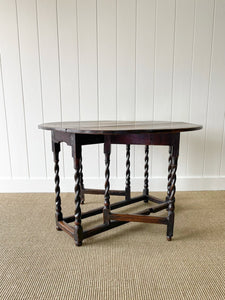 Antique English Country Oak Barley Twist Drop Leaf Gate Leg Table c1780