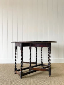 Antique English Country Oak Barley Twist Drop Leaf Gate Leg Table c1780