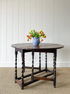 Antique English Country Oak Barley Twist Drop Leaf Gate Leg Table c1780