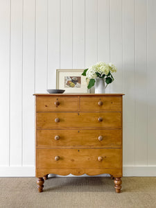 A Large English Pine Chest of Drawers Dresser with Wooden Knobs on Tulip Feet c1890