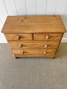 A Charming Low English Pine Chest of Drawers Dresser with Wooden Knobs c1890