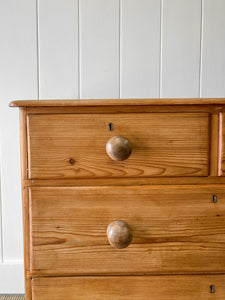 A Charming Low English Pine Chest of Drawers Dresser with Wooden Knobs c1890