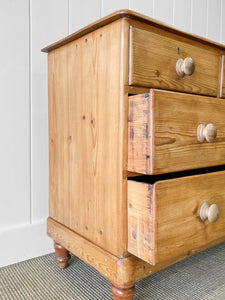 A Charming Low English Pine Chest of Drawers Dresser with Wooden Knobs c1890