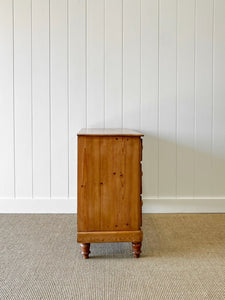 A Charming Low English Pine Chest of Drawers Dresser with Wooden Knobs c1890