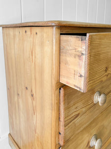 A Charming Low English Pine Chest of Drawers Dresser with Wooden Knobs c1890