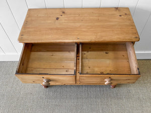 A Charming Low English Pine Chest of Drawers Dresser with Wooden Knobs c1890