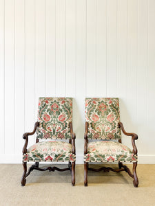A Lovely Pair of Antique French Walnut Upholstered Arm Chairs c1850
