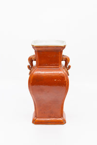 Antique 1920's Chinese Iron Red Orange Elephant Handled Porcelain Vase