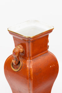 Antique 1920's Chinese Iron Red Orange Elephant Handled Porcelain Vase