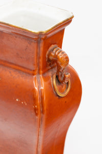Antique 1920's Chinese Iron Red Orange Elephant Handled Porcelain Vase