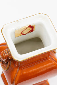 Antique 1920's Chinese Iron Red Orange Elephant Handled Porcelain Vase