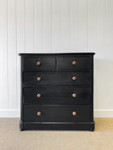 A Large Ebonized English Pine Chest of Drawers Dresser with Wooden Knobs c1890
