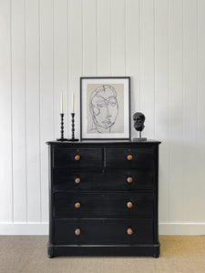A Large Ebonized English Pine Chest of Drawers Dresser with Wooden Knobs c1890