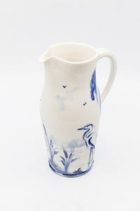 A Vintage English Blue and White Hand-painted Pitcher with Heron in Pond
