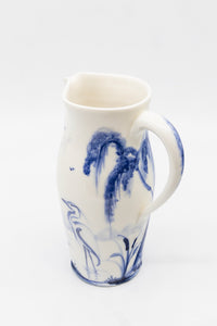 A Vintage English Blue and White Hand-painted Pitcher with Heron in Pond
