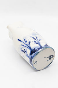 A Vintage English Blue and White Hand-painted Pitcher with Heron in Pond