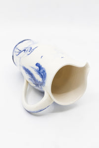 A Vintage English Blue and White Hand-painted Pitcher with Heron in Pond