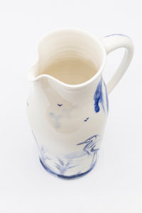 A Vintage English Blue and White Hand-painted Pitcher with Heron in Pond