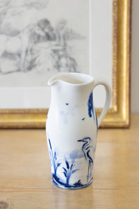 A Vintage English Blue and White Hand-painted Pitcher with Heron in Pond
